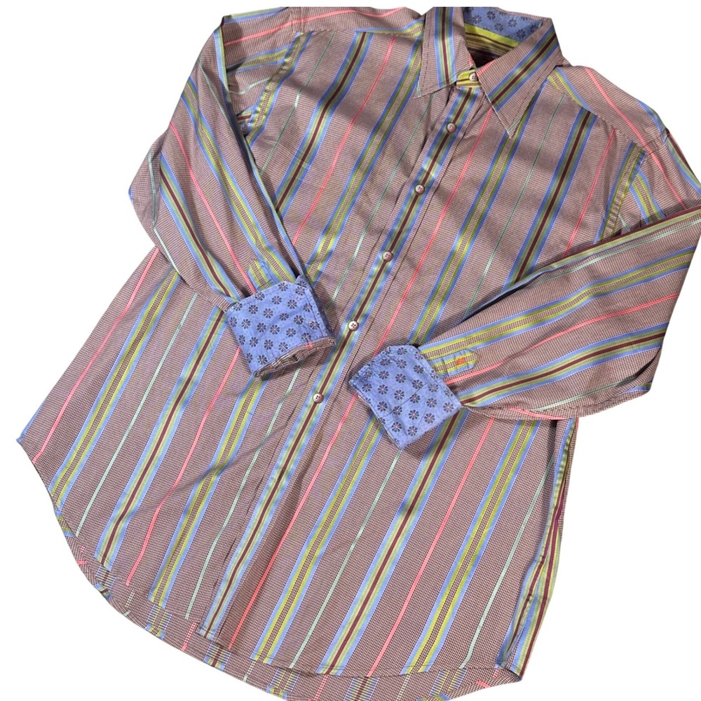 Robert Graham Button Down Shirt Mens L Multicolor Striped Silk Trim Cotton L/S